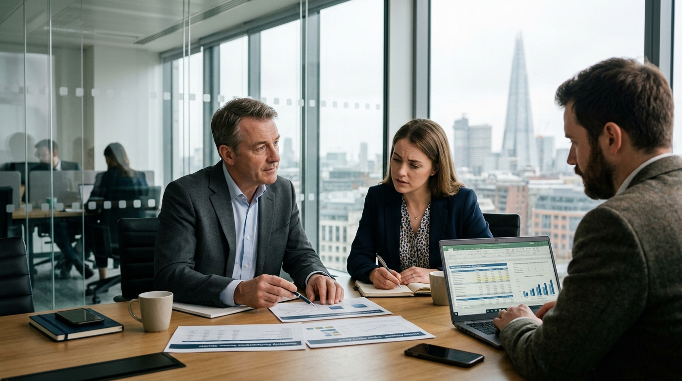 Web studio valuation meeting with revenue analysis and market charts.